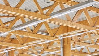 Bei großen Spannweiten – wie hier das Dachtragwerk einer Produktions- und Lagerhalle aus Brettschichtholz – sind Klebstoffe zur Fügung der Holzwerkstoffe oft unverzichtbar.  (Bild: FNR - petereichler.com)