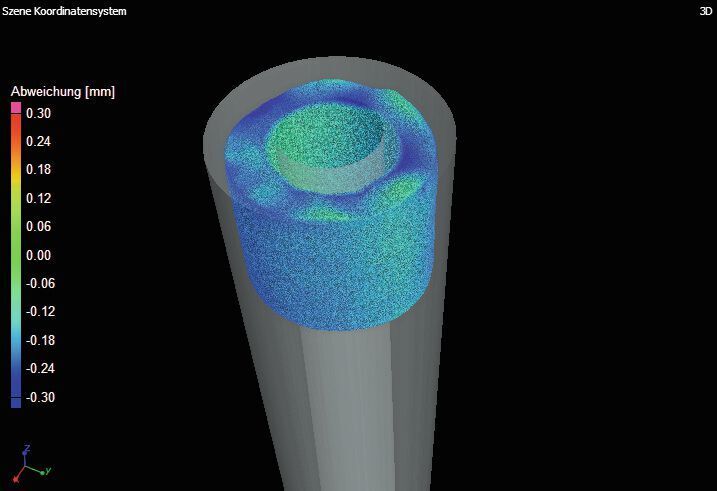 3D-Ansicht der hirtisierten Düse mit Soll-Ist-Vergleich zum CAD (Abweichung farbkodiert). (Visiconsult)