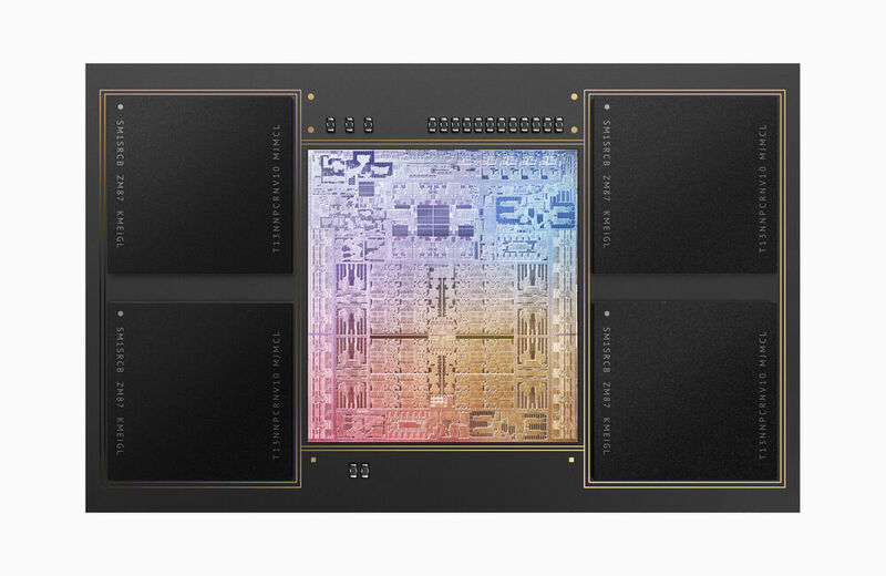 Der leistungsstärkere M1 Max verfügt über eine 10-Kern-CPU und eine doppelte GPU mit bis zu 32 Kernen, 400 GB/s Speicherbandbreite, bis zu 64 GB schnellen Unified Memory sowie zwei ProRes-Beschleuniger in der Media Engine. (Apple)
