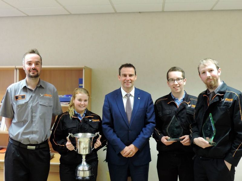 Proud faces (left to right): Chris Morris (part of the Learning and Development Team at Mazak), Bethany Addis, Richard Smith (European Group Managing Director at Yamazaki Mazak), Harry Fuller and Joe Kennie. (Yamazaki Mazak)