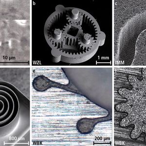 Bild 1: Beispiele für Mikrofunkenerosions-Bearbeitung: a Mikrobohrung mit einem Durchmesser von weniger als 15 µm, b mittels Drahterosion hergestelltes Planetenradgetriebe, c Beispiel für Mikrobahnerosion, d durch Mikrosenken mit Formelektrode hergestelltes Bauteil, e und f weitere Beispiele für Mikrobahnerosion