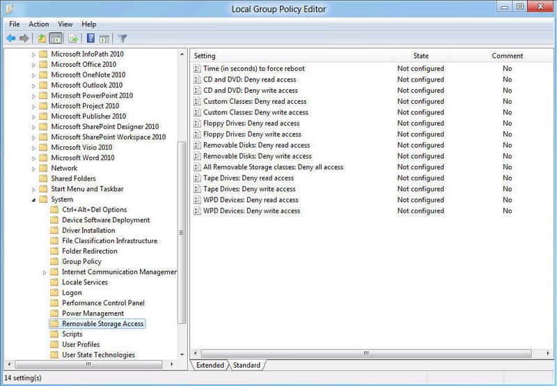 Sie können den Zugriff auf USB-Sticks und Wechselmedien in Windows 8 ebenfalls mit Gruppenrichtlinien steuern. Die entsprechenden Einstellungen dazu finden Sie über User Configuration\Administrative Templates\System\Removeable Storage Access. (Archiv: Vogel Business Media)