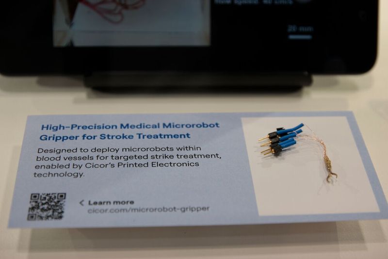 Auch der hochpräzise Greifer, der bei Schlaganfallbehandlungen eingesetzt wird, war am Stand von Cicor zu sehen. Durch einen Katheter gelangt er ins Gehirn, wo er einen Nanobot freigibt, der durch die Blutgefäße navigiert und gezielt Medikamente freisetzt. (Bild: Breunig – VCG)