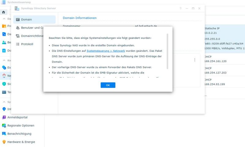 Erfolgreiche Installation eines Active Directory auf einem Synology-NAS. (Bild: Joos - Synology)