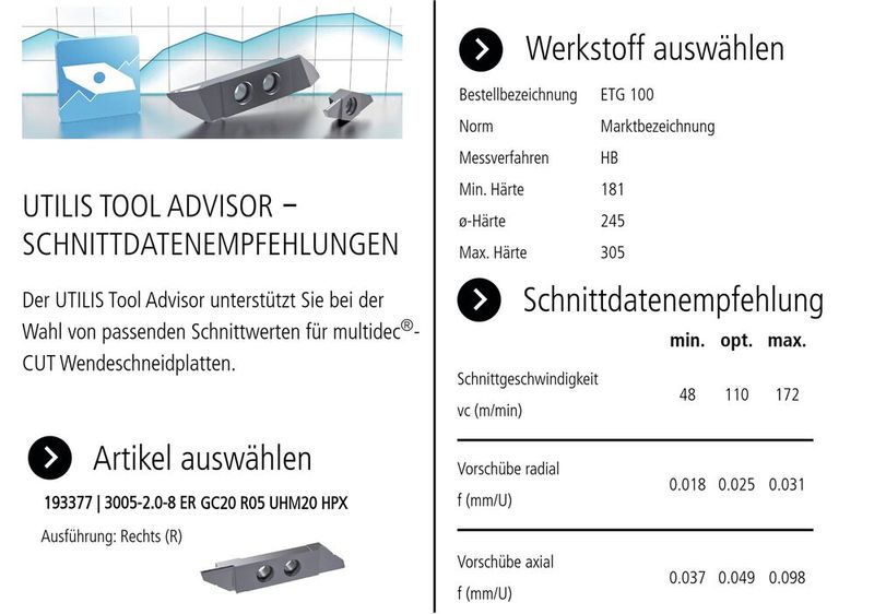 Ausschnitt aus dem Utilis Tool Advisor. (Bild: Utilis AG)