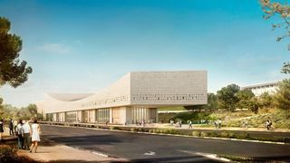 Durch die teilweise gläserne Fassade sollen Besucher der Bibliothek das Dematic-Lager auch von außen arbeiten sehen. (Herzog & de Meuron)