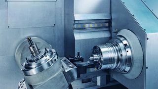 Detailbild vom Drehfräszentrum Index R200 mit zwei Motorfrässpindeln HSK-A40 –  mit 11 kW und 30 Nm – sowie der Haupt- und Gegenspindel – mit Spindeldurchlass 65 mm,  32 kW und 170 Nm. (Bild: Index)