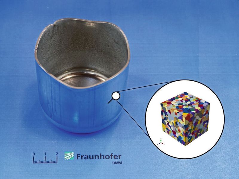 Mit dem virtuellen Labor wird ein Mikrostrukturmodell des Blechwerkstoffes aufgebaut und die Richtungsabhängigkeit vorhergesagt. Die Kantenlänge des Mikrostrukturmodells beträgt ca. 150 μm. 