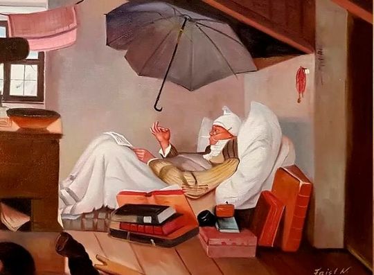 Das ist zwar nicht der „Eingebildete Kranke" von Molière, sondern der „Arme Poet“ von Carl Spitzweg, passt aber irgendwie zum Kopfkino, wenn es um die Hausbesuche von Tesla-Entscheidern bei zu oft fehlenden Mitarbeiter aus Grünheide geht. Tesla steht zu diesen Aktionen ...(Bild:  C. Spitzweg)