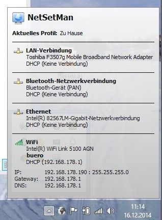 Abbildung 7: NetSetMan zeigt die Einstellungen übersichtlich in der Taskleiste an. (Joos)