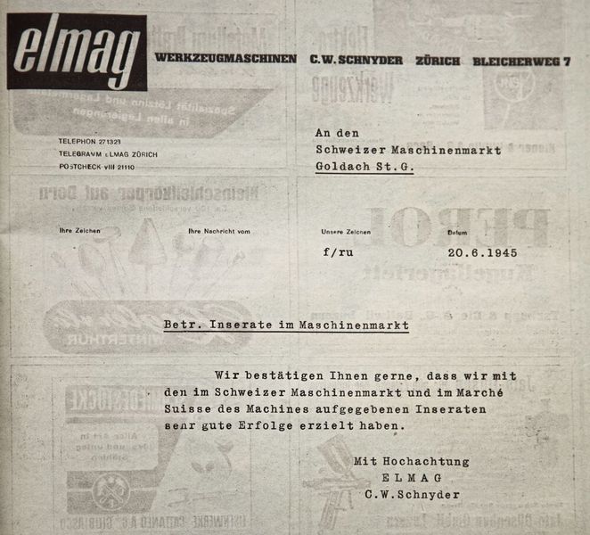 Über solche Schreiben würde sich die SMM-Redaktion sehr freuen. Dieses Schreiben des zufriedenen Kunden Elmag wurde 1945 als ganzseitiges Inserat abgedruckt. (Bild: Schweizer Maschinenmarkt)