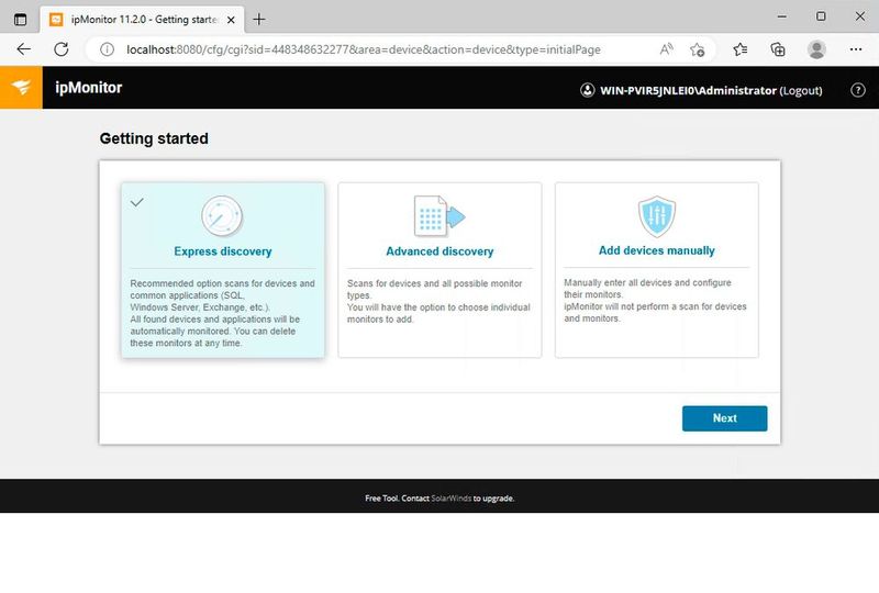 Nach dem Start von SolarWinds ipMonitor kann das Tool das Netzwerk scannen und die gefundenen Geräte anbinden. (Bild: Joos - SolarWinds)