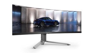 Das gekrümmte QD-OLED-Panel im AOC Agon Pro PD49 liefert die doppelte QHD-Auflösung. Im Gespann mit einem starken Gaming-Rechner sind bis zu 240 Hz möglich. (Bild: AOC)