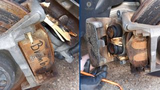 In den Bremssätteln des 100.000-Euro-SUVs fanden sich statt Bremsbelägen zugesägte Holzklötze. (Bild: Polizei Ludwigsburg)