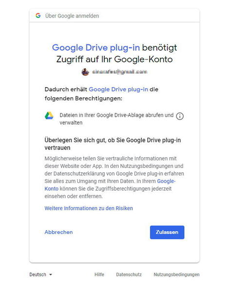 Damit eine Speicherung in Google Drive möglich ist, muss das Plugin die entsprechenden Rechte erhalten. (Thomas Joos / Google)