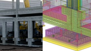 Fundament mit Wandelementen auf der Baustelle (l.), Einzelfundament mit Bewehrung in Tekla Structures (r.)  (Bild: PGG Gerstner)