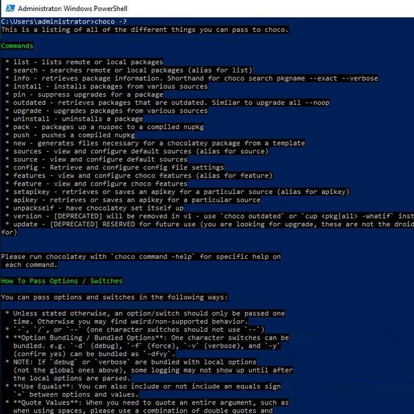 In der Befehlszeile und PowerShell kann auch eine Hilfe für Chocolatey angezeigt werden. (Chocolatey / Joos)