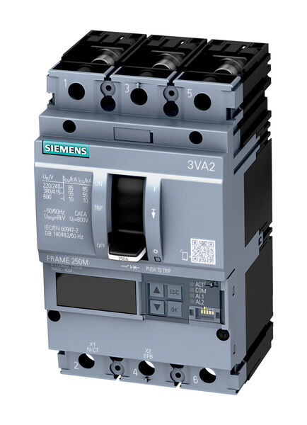 Siemens erneuert mit der Produktreihe 3VA sein Sentron-Portfolio für Kompaktleistungsschalter für die Niederspannungs-Energieverteilung. Die neuen kompakteren Schalter sind in verschiedenen Ausführungen bis 630 Ampere (A) verfügbar und lassen sich platzsparender verbauen. Siemens bietet erstmals eine integrierte Messfunktion für Energiedaten, eine Lasttrennschalter-Variante sowie Kompaktleistungsschalter mit Seitenwand-Drehantrieb. Die neuen Kompaktleistungsschalter 3VA verfügen unter anderem über eine direkt in den Schalter integrierte Messfunktion zur Erfassung von Energiedaten. (Bild: Siemens)