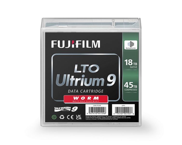 Diese Ultrium-9-LTO-Kassette ist ein WORM-Typ (Write Once, Read Many), bei dem die Daten nur einmal geschrieben werden, um Datenmanipulationen oder versehentliches Löschen zu verhindern. (Fujifilm)