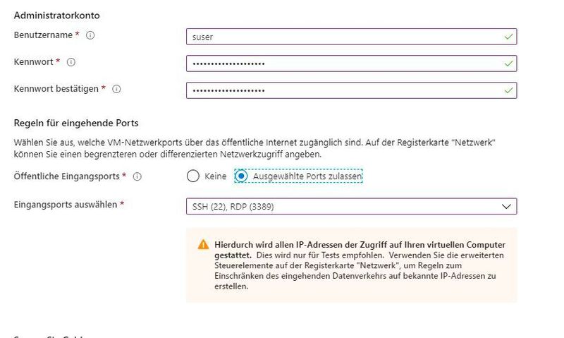Festlegen der Anmeldedaten für den Zugriff per RDP und SSH. Hier können auch die Einstellungen für den Schlüssel zum Zugriff per SSH konfiguriert werden. (Joos)