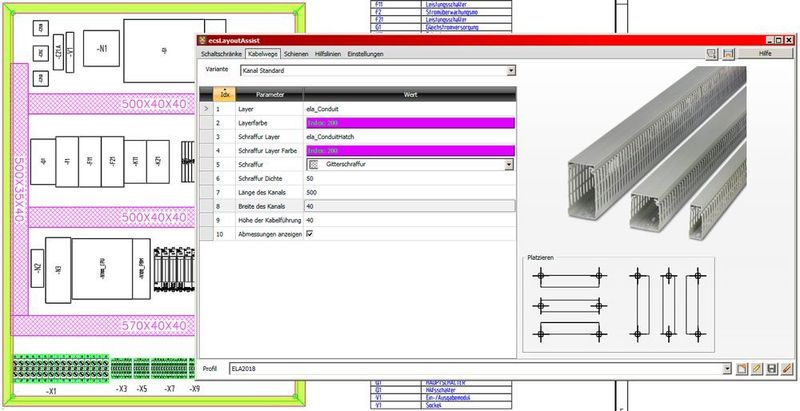 Mit dem ECS-Layout-Assist werden parametrisierte, individuelle Schaltschränke konstruiert. Die Abmessungen der Kanäle und Schienen werden automatisch angezeigt. (Escad)
