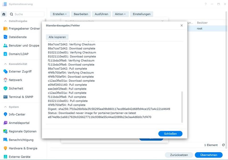 Download des Container-Images von Portainer auf einem Synology-NAS. (Bild: Joos)