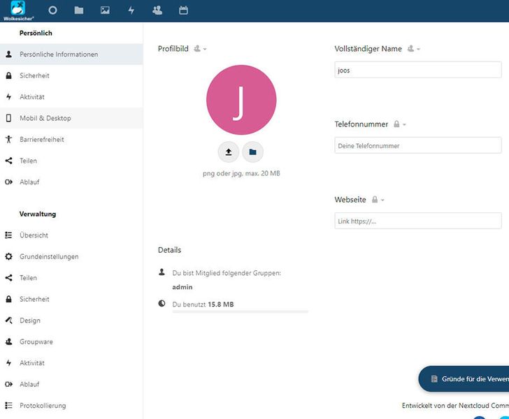 Anpassen von Nextcloud in Wolkesicher. (Joos)