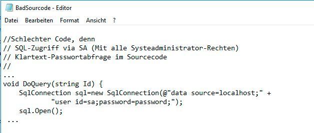 Unsicherer Sourcecode, bei einem SQL-Zugriff (SA-Zugriff und Passwort im Sourcecode enthalten). (Securai)