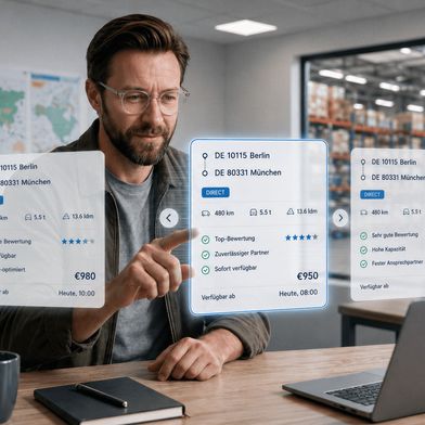 Wer heute Transporte vergibt, muss mehr leisten als einen Transportpartner zu finden: Wichtig sind fundierte Vergabeentscheidungen. (Quelle: TIMOCOM / AI-generated)