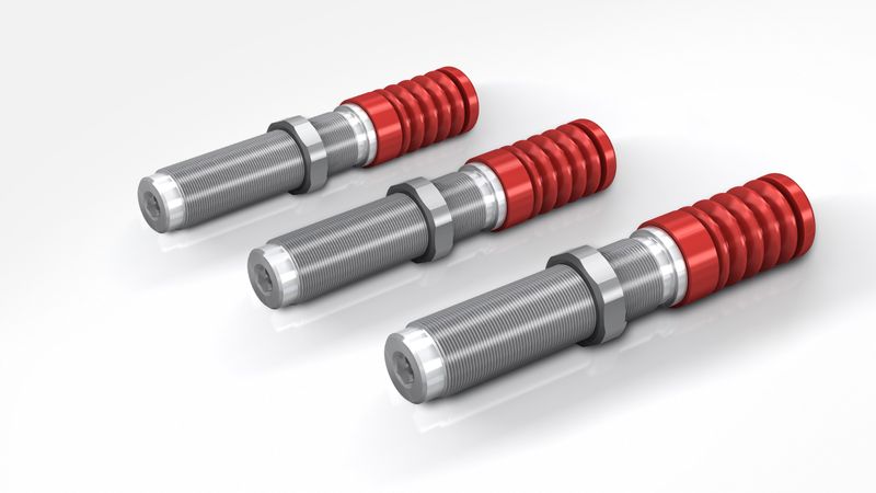 Auch die Kleinstoßdämpfer der PMCN-Familie mit ihren markanten Schutzkappen aus TPU-Kunststoff werden im Werk Aichwald gefertigt – auf Wunsch in Edelstahlausführung und mit identischen Kennzahlen wie ihre Geschwister der FamilieMC150 bis MC600.(Bild:  ACE Stoßdämpfer)