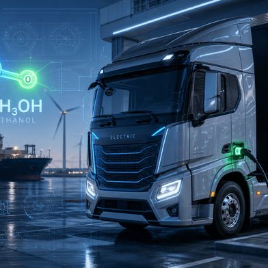 Während batterieelektrische Lkw für den Straßenverkehr zunehmend marktreif sind, rückt Methanol als flexibler, flüssiger Energieträger für schwer elektrifizierbare Sektoren ins Zentrum der Forschung. (Symbolbild) (Bild: VCG / KI-generiert)