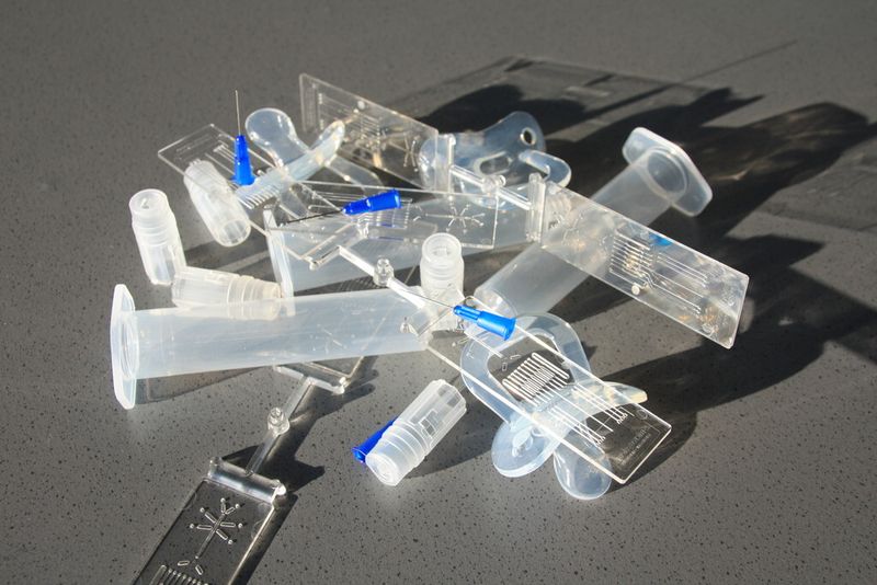 Medizintechnische Exponate auf den Technologie-Tagen von Arburg: Bottom Layer für eine Lab-on-a-Chip-Anwendung, Spritzenkörper, umspritzte Einwegkanülen, Anschlussstücke mit Luer-Lock-Gewinde und Babyschnuller. (Bild: Reinhardt)