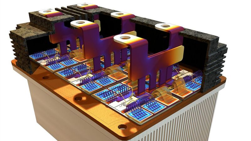 Strom unter Last: Das Stromdichteprofil zeigt die Verteilung im Hochleistungs-IGBT-Modul.(Bild:  Comsol)