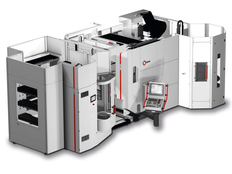 Handlingsystem HS flex mit zwei Speichermodulen adaptiert an ein 5-Achsen-Bearbeitungszentrum C 32.  (Hermle)