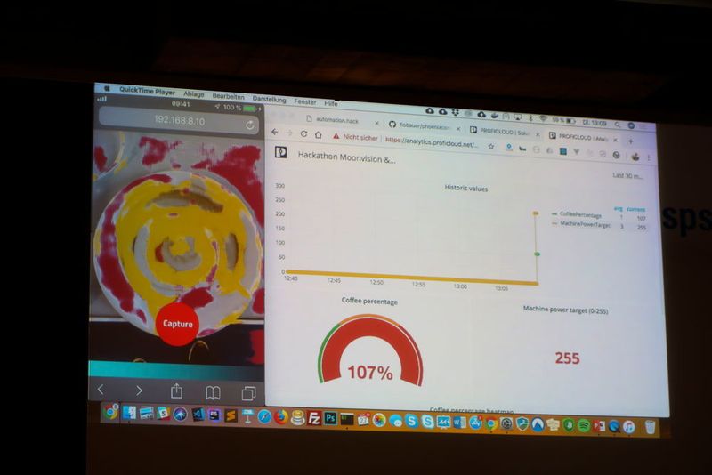 Ziel des Start-ups Moonvision war es, eine Bildanalyse per Smartphone an die PLC Next zu senden und dort mithilfe der künstlichen Intelligenz auszuwerten. Als beispielhafte Anwendung bediente sich das Team dem selbsterfundenen „Kaffeesatzlesemodell“, bei dem Kaffeeflecken auf den Untertassen erkannt und ausgewertet wurden.  (K.Juschkat/elektrotechnik)