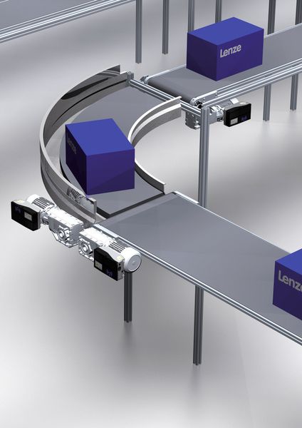 Der Materialfluss mit Kurven- und Gurtförderern bietet gute Einsatzmöglichkeiten für die Kombination aus Getriebe und Smartmotor. (Bild: Lenze)