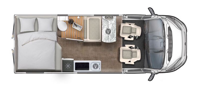 Drei Grundrisse, darunter den ab 52.900 Euro erhältlichen V595 HB mit quer im Heck eingebautem Doppelbett, sind verfügbar. (Bild: Eura Mobil)