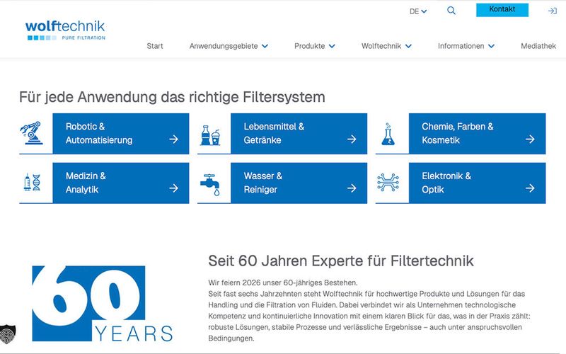 Sechs Anwendungsbereiche führen Nutzer auf der neuen Website von ihrer konkreten Aufgabe zu passenden Filterlösungen: Robotic & Automatisierung, Lebensmittel & Getränke, Chemie, Farben & Kosmetik, Medizin & Analytik, Wasser & Reiniger sowie Elektronik & Optik. (Bild: Wolftechnik Filtersysteme)