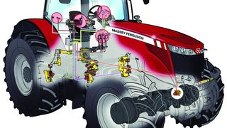Massey Ferguson Traktor mit vier hydraulischen Dämpfermodulen an der Kabinenaußenkante Bild: AGCO Corp. (Archiv: Vogel Business Media)