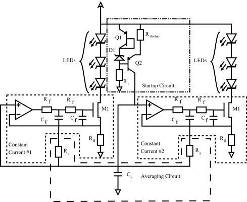 Bild 2: Die patentierte Schaltung des Lichttechnischen Instituts am Karlsruher Institut für Technologie gleicht aktiv die LED-Ströme jedes Stranges an. Die Schaltung berechnet sich den Mittel- und Sollwert der Ströme selbst und unterstützt somit lineares Dimmen. (KIT Karlsruhe)