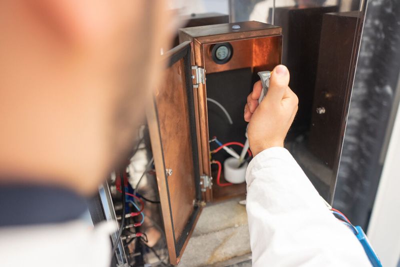 In dieser abgeschirmten Zelle testet Abdelilah El Arrassi die Nanopartikel in elektrochemischen Experimenten. (RUB, Kramer)