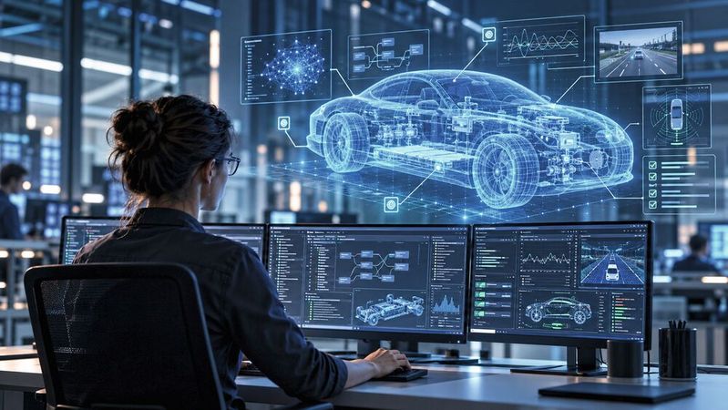 Im europäischen Forschungsprojekt AI4SDV entstehen KI-gestützte Werkzeuge, die die Entwicklung von Software-Defined Vehicles beschleunigen sollen. Das Fraunhofer IESE arbeitet daran, Sicherheitsprüfungen, Verifikation und Sicherheitsnachweise in diese automatisierten Entwicklungsprozesse zu integrieren.(Bild:  Dall-E / KI-generiert)