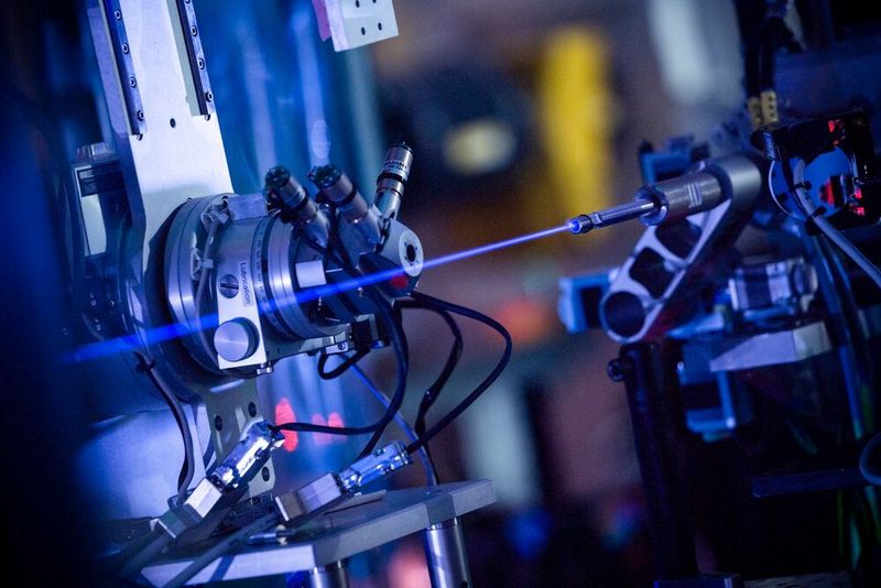 Der extrem intensive Röntgenstrahl regt den Stickstoff in der Luft zum Leuchten an, wenn die Moleküle seinen Weg kreuzen. Trotz der extrem hohen Intensität des Strahls ist das Leuchten des Stickstoffs vergleichsweise schwach und wäre mit bloßem Auge nicht so leicht zu erkennen. So deutlich sichtbar wie auf dem Foto wird der Strahl erst bei völliger Dunkelheit und einer Belichtungszeit von 90 Sekunden, aufgenommen an der Experimentierstation FXE. (Bild: European XFEL / Jan Hosan)