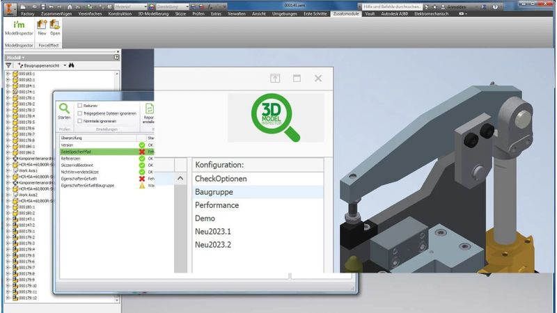 Der 3D Model Inspector wird als Add-in für Autodesk Inventor integriert. Konstrukteure können damit Bauteile, Baugruppen und Zeichnungen automatisiert anhand unternehmensspezifischer Prüfregeln analysieren.(Bild:  Contelos)