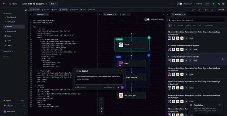 Der Kestra Flow Editor ist eine Weboberfläche im Kestra UI, mit der User Workflows durch verschiedene kombinierbare Ansichten erstellen, bearbeiten und visualisieren können.(Bild:  Kestra)