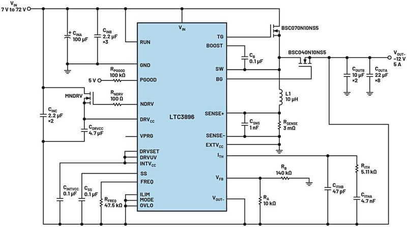 Bild 8: Beschaltung des LTC3896 für VIN = 7 bis 72 V, VOUT- = -12 V und fSW = 300 kHz.  (Bild: Analog Devices)