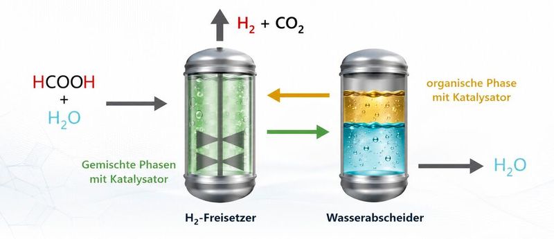 So funktioniert die 2-phasige Dehydrierung von Ameisensäure prinzipiell, wobei unter anderem Wasserstoff freigesetzt wird. (Bild: Oxfa)