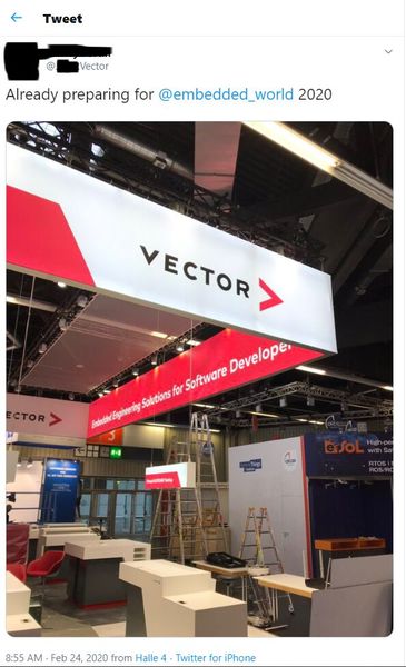 Noch am Montagvormittag twitterte ein Angesteller von Vector ein Bild vom Aufbau des Messestandes des Unternehmens. Etwa zwei Stunden später erreichte uns die Email, dass das Unternehmen die Messe nun doch absage. (Bild: Screenshot/Twitter)