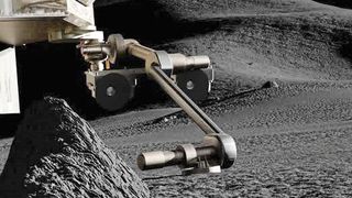 Regolith-Probenentnahme mit dem SAMPLR-Roboterarm, auf dem auch die CrystalSpace-Kameras zu sehen sind. Das Rendering basiert auf Daten von NASA VTAD und dem digitalen Geländemodell von LROC. (Bild: Dr. Mihkel Pajusalu, Observatorium Tartu)