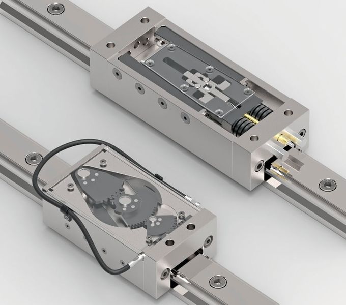 Bild 1: Alternative zur pneumatisch betriebenen Klemmung: Hema testet mit den Prototypen Linclamp G-SMA (links) und Linclamp K-SMA (rechts) zwei unterschiedliche Konzepte mit Formgedächtnislegierungen. (ZAF - Zentrum für angewandte Formgedächtnistechnik)